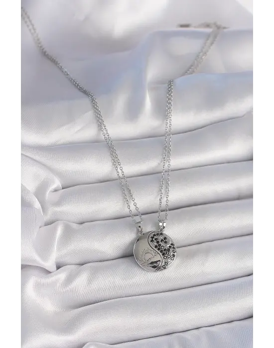 316L Çelik Gümüş Renk Zincir Zirkon Taşlı Ying Yang Model Gün Batımı İşlemeli Arakdaşlık Kadın Kolye