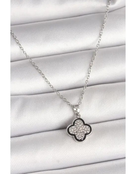 316L Çelik Gümüş Renk Zincir Zirkon Taşlı Yonca Model Kadın Kolye