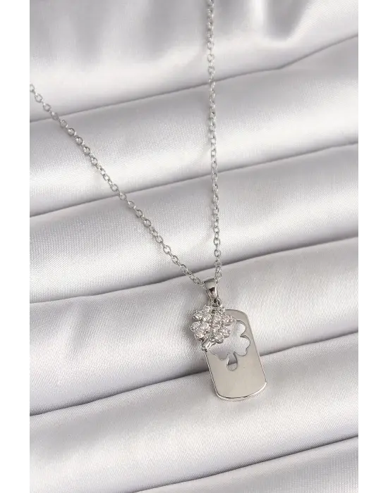 316L Çelik Gümüş Renk Zincir Zirkon Taşlı Yonca Model Kadın Kolye