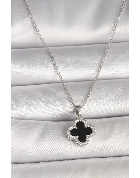 316L Çelik Gümüş Renk Zincir Zirkon Taşlı Yonca Model Kadın Kolye