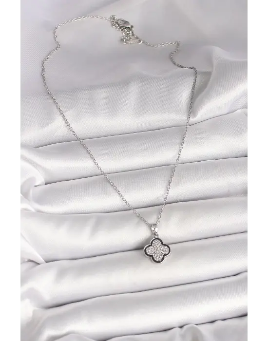 316L Çelik Gümüş Renk Zincir Zirkon Taşlı Yonca Model Kadın Kolye