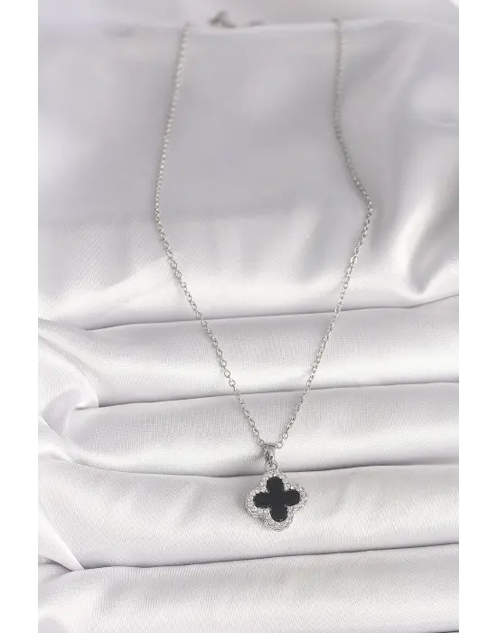 316L Çelik Gümüş Renk Zincir Zirkon Taşlı Yonca Model Kadın Kolye