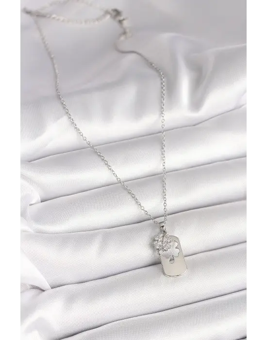 316L Çelik Gümüş Renk Zincir Zirkon Taşlı Yonca Model Kadın Kolye