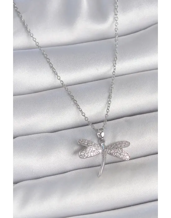 316L Çelik Gümüş Renk Zincir Zirkon Taşlı Yusufçuk Model Kadın Kolye