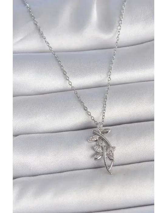 316L Çelik Gümüş Renk Zincir Zirkon Taşlı Yusufçuk Model Kadın Kolye