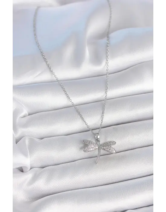 316L Çelik Gümüş Renk Zincir Zirkon Taşlı Yusufçuk Model Kadın Kolye