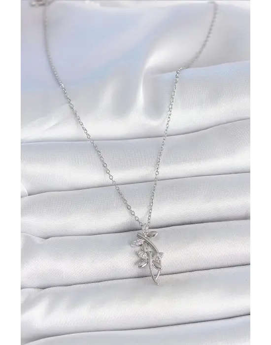 316L Çelik Gümüş Renk Zincir Zirkon Taşlı Yusufçuk Model Kadın Kolye