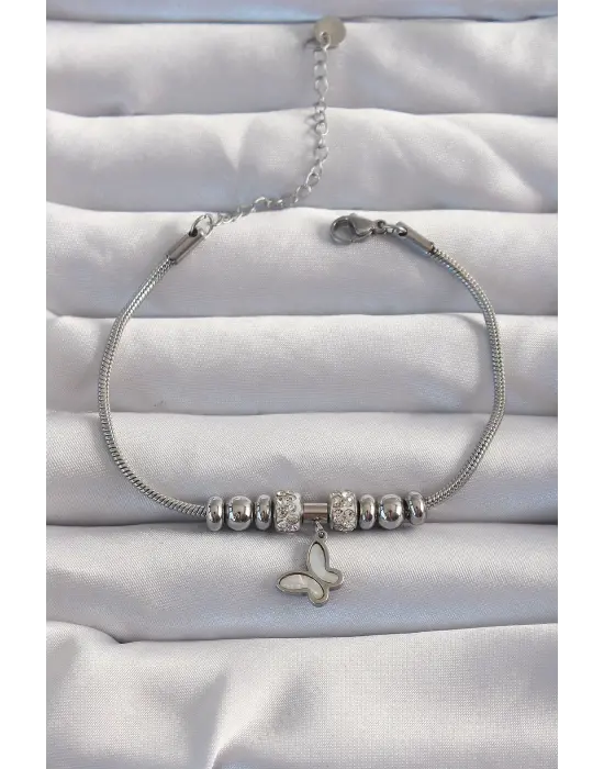 316L Çelik Gümüş Renk Zirkon Taş Aksesuarlı Sedefli Kelebek Bileklik