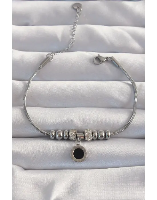 316L Çelik Gümüş Renk Zirkon Taş Aksesuarlı Siyah Mineli Cartier Bileklik