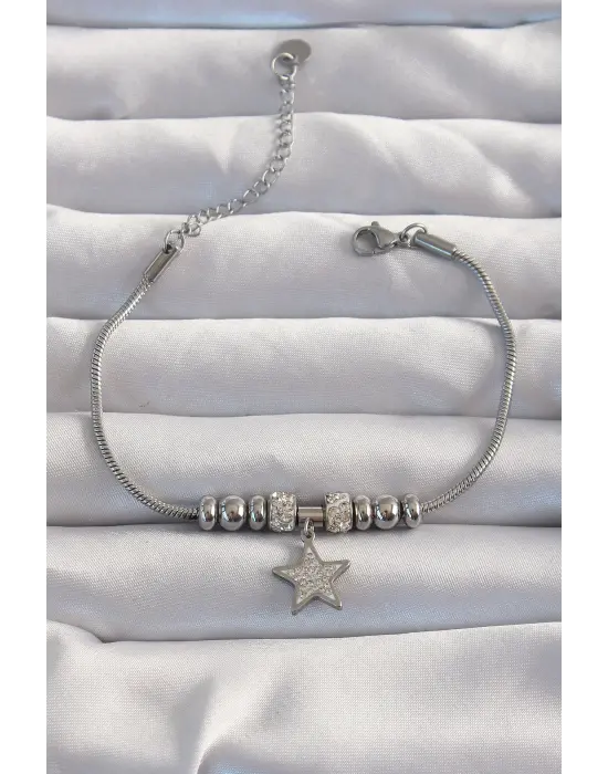 316L Çelik Gümüş Renk Zirkon Taş Aksesuarlı Yıldız Bileklik