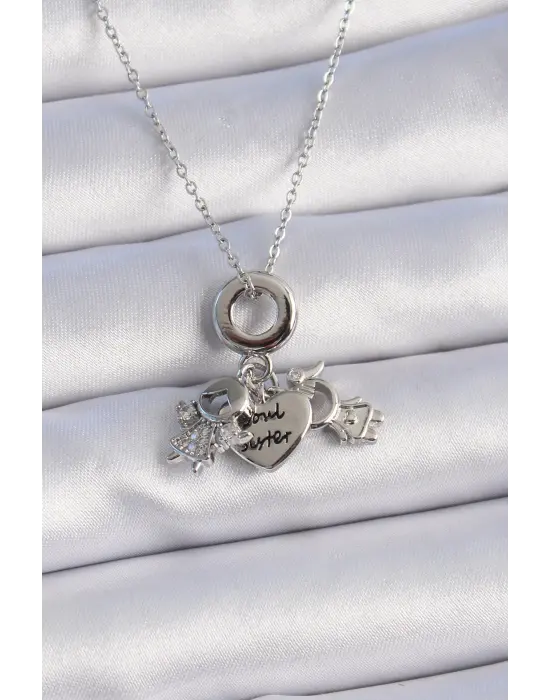  Gümüş  Zirkon Taş Detay Çocuk Figür Charm Model  Çelik Kolye