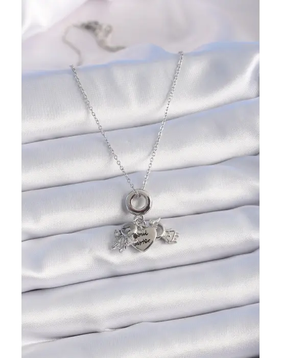  Gümüş  Zirkon Taş Detay Çocuk Figür Charm Model  Çelik Kolye