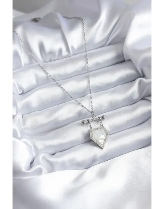  Gümüş  Zirkon Taş Detay  Çelik Kolye