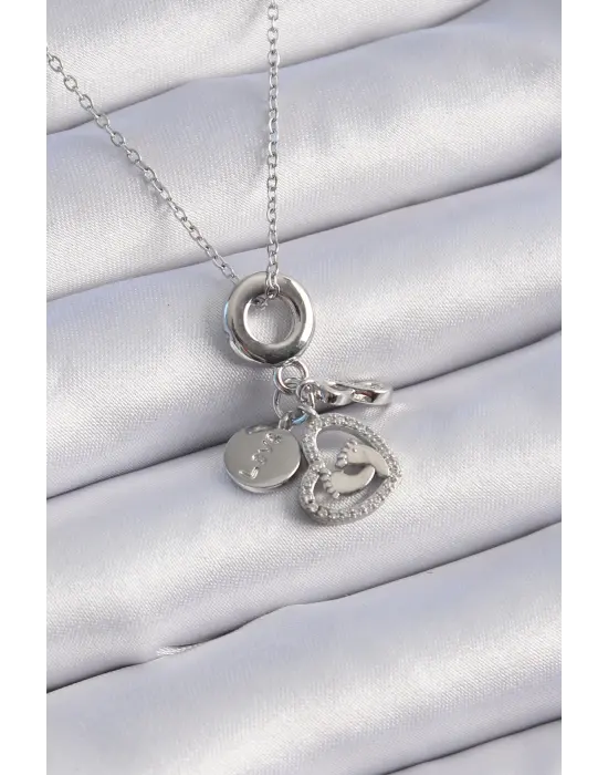  Gümüş  Zirkon Taş Detay Kalp Model Charm  Çelik Kolye