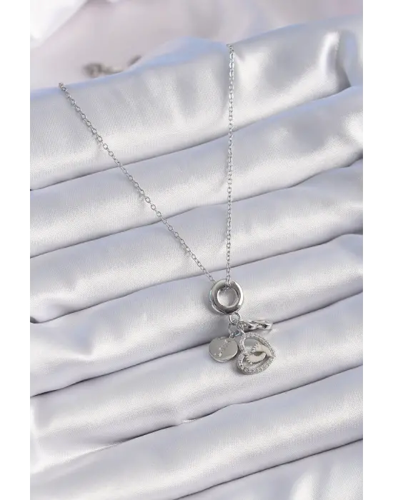  Gümüş  Zirkon Taş Detay Kalp Model Charm  Çelik Kolye