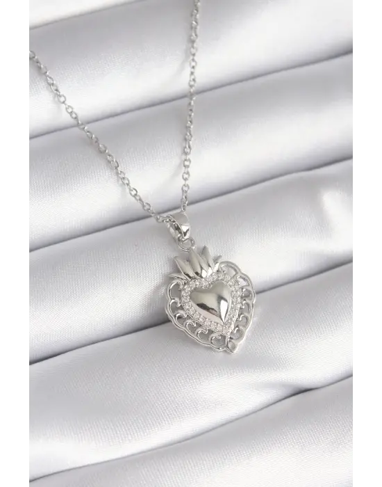 Gümüş  Zirkon Taş Detay Taç Kalp Model  Çelik Kolye