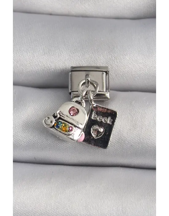 316L Çelik Gümüş Renk Zirkon Taş Detaylı Sırt Çantası Kitap Model Nomination Charm