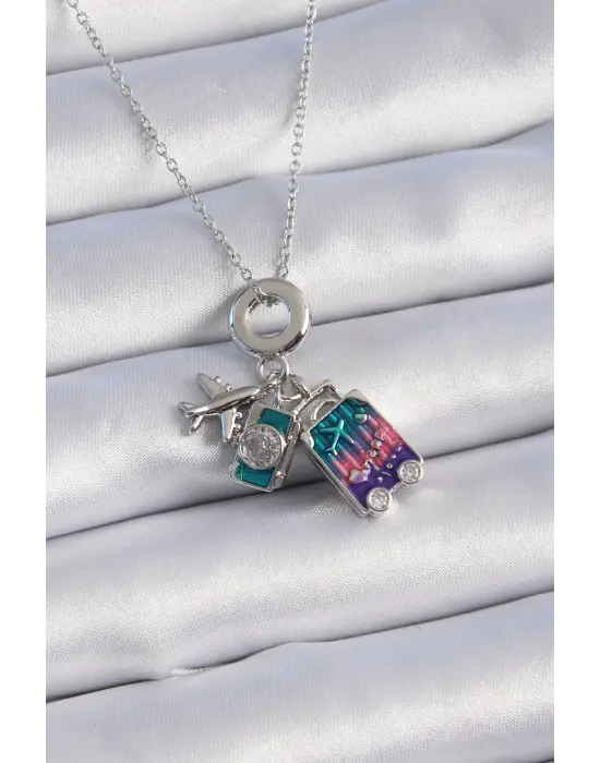  Gümüş  Zirkon Taş Detaylı Uçak Bavul Figür Charm Model  Çelik Kolye