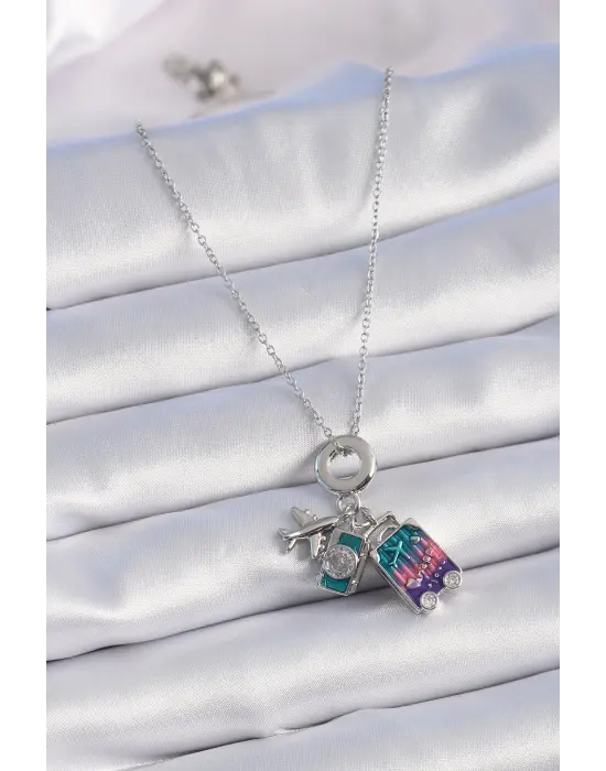  Gümüş  Zirkon Taş Detaylı Uçak Bavul Figür Charm Model  Çelik Kolye