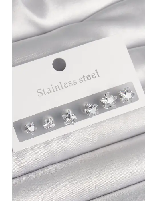   Gümüş Zirkon Taş Yıldız Model Çelik Küpe Seti