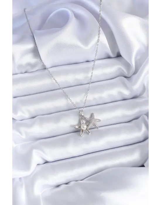  Gümüş  Zirkon Taşlı Açılabilen Deniz Yıldız Model  Çelik Kolye