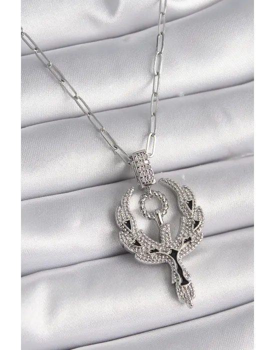  Gümüş  Zirkon Taşlı Anka Kuşu Model  Çelik Kolye