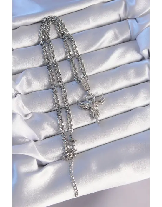  Gümüş  Zirkon Taşlı Anka Kuşu Model Çelik Kolye