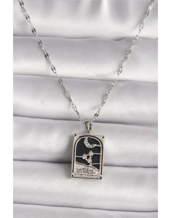  Gümüş  Zirkon Taşlı  Ay Figürlü Taror Model  Çelik Kolye