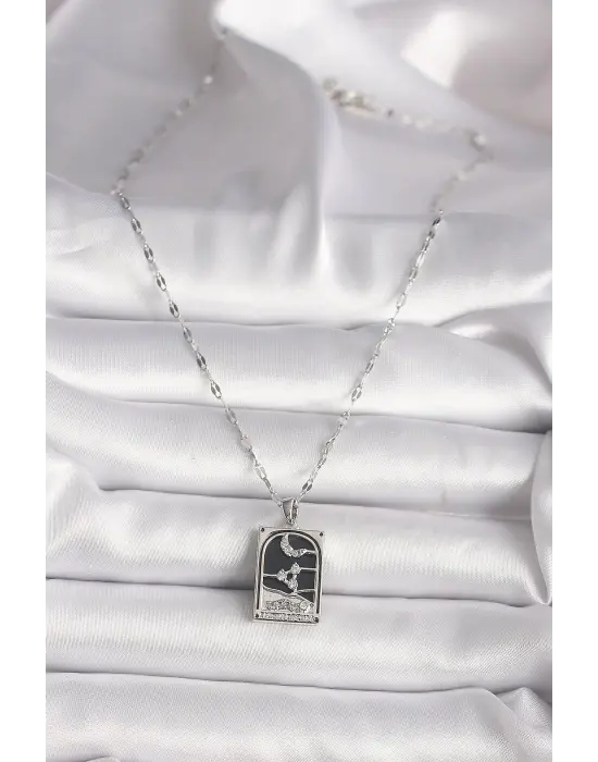  Gümüş  Zirkon Taşlı  Ay Figürlü Taror Model  Çelik Kolye