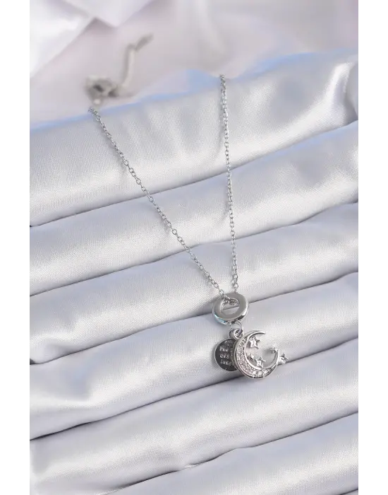  Gümüş  Zirkon Taşlı Ay Yıldız Figür Charm Model  Çelik Kolye