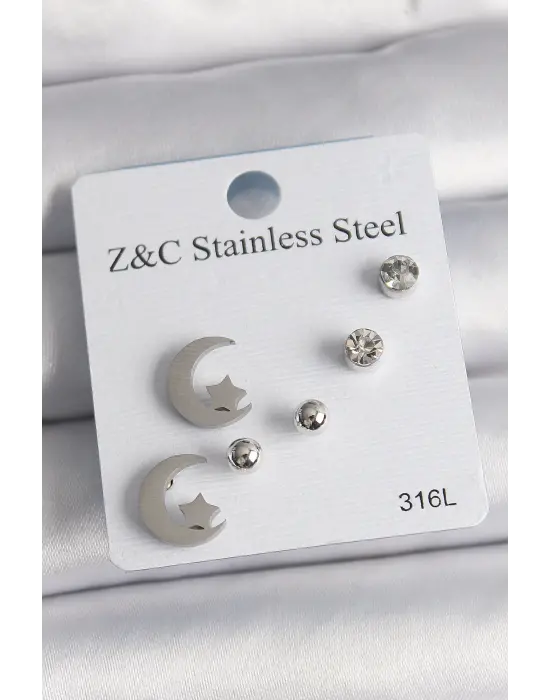   Gümüş Zirkon Taşlı Ay Yıldız Figür Çelik Küpe