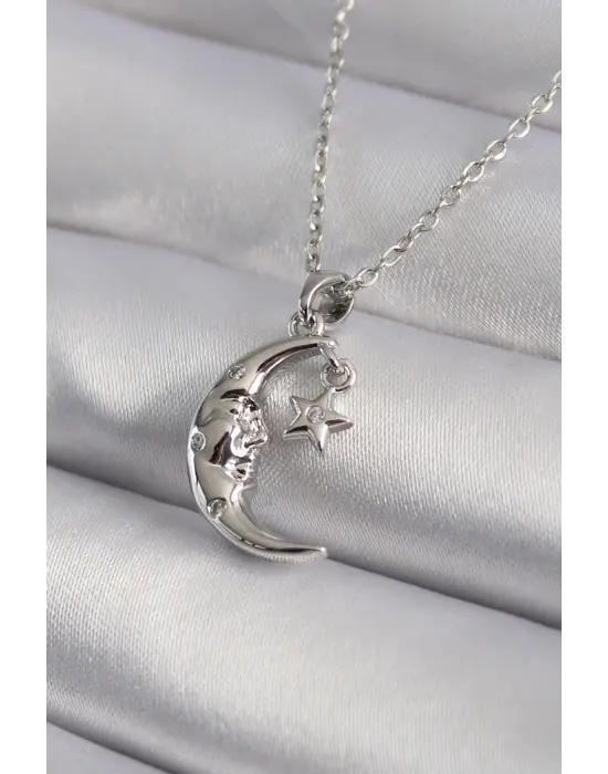  Gümüş  Zirkon Taşlı Ay Yıldız Model  Çelik Kolye