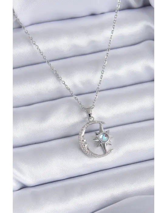  Gümüş  Zirkon Taşlı Ay Yıldız Model  Çelik Kolye
