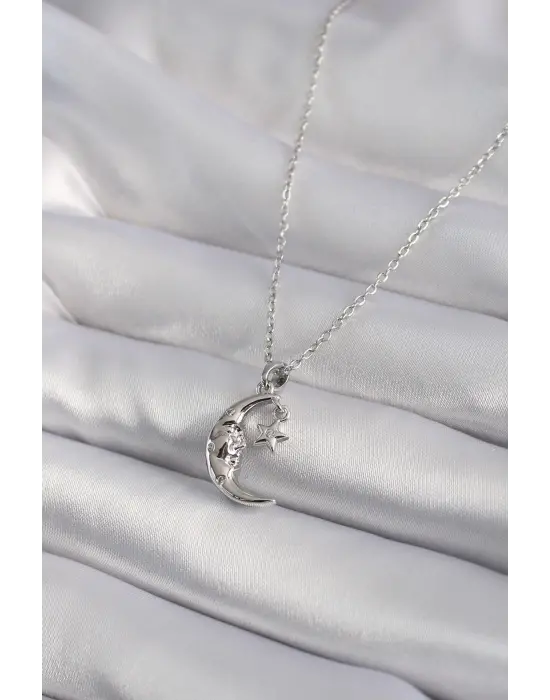 Gümüş  Zirkon Taşlı Ay Yıldız Model  Çelik Kolye