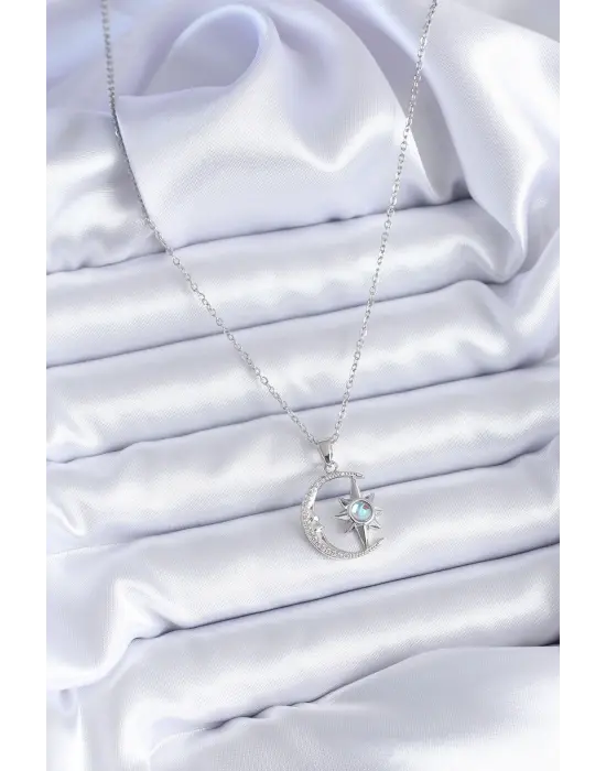  Gümüş  Zirkon Taşlı Ay Yıldız Model  Çelik Kolye