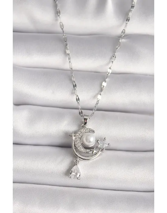  Gümüş  Zirkon Taşlı Ay Yıldız Sallantı Detay  Çelik Kolye