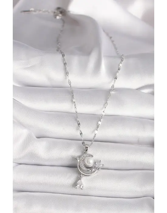  Gümüş  Zirkon Taşlı Ay Yıldız Sallantı Detay  Çelik Kolye