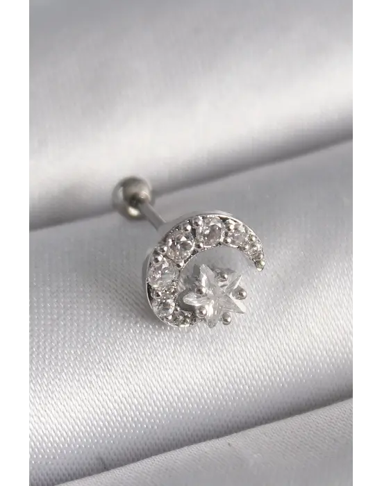 316L Çelik Gümüş Renk Zirkon Taşlı Ay Yıldız Tragus Piercing