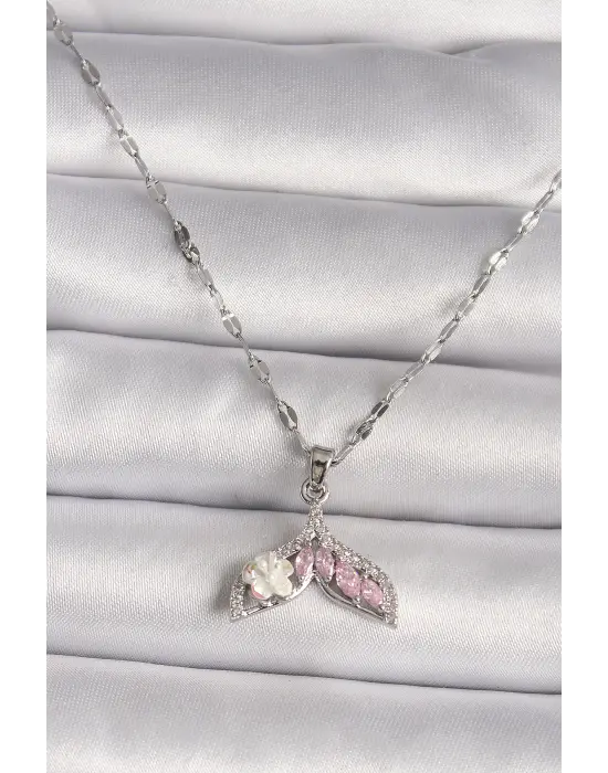  Gümüş  Zirkon Taşlı Balık Kuyruğu Model Çiçek Detay  Çelik Kolye