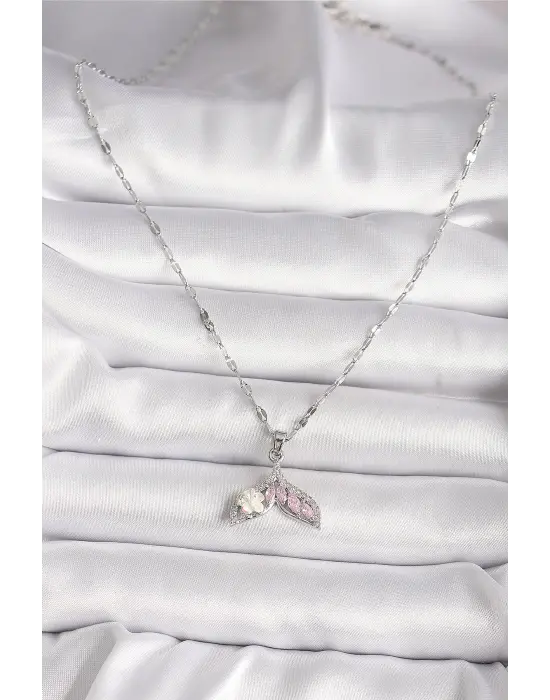  Gümüş  Zirkon Taşlı Balık Kuyruğu Model Çiçek Detay  Çelik Kolye