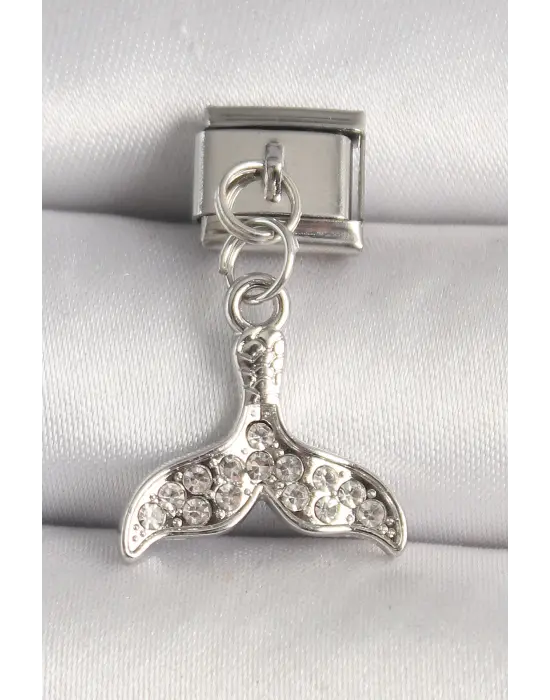 316L Çelik Gümüş Renk Zirkon Taşlı Balık Kuyruğu Model Nomination Charm