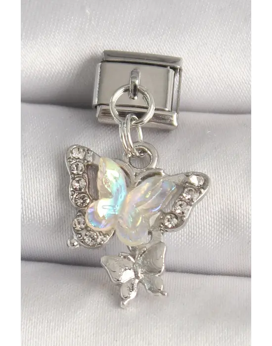 316L Çelik Gümüş Renk Zirkon Taşlı Beyaz Kelebek Model Nomination Charm