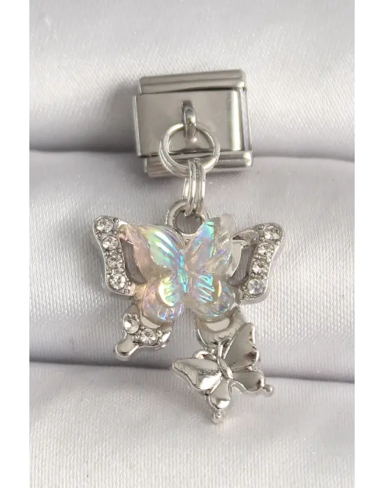 316L Çelik Gümüş Renk Zirkon Taşlı Beyaz Mineli Kelebek Model Kelebek Detay Nomination Charm