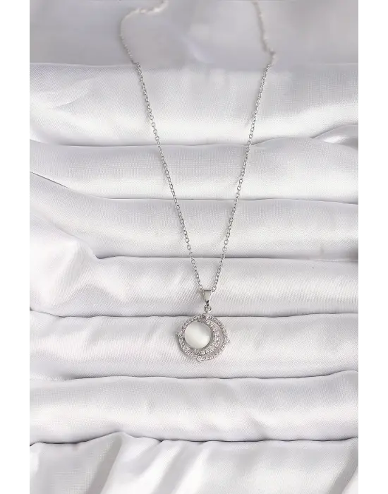  Gümüş  Zirkon Taşlı Beyaz Sedefli Hilal Model  Çelik Kolye