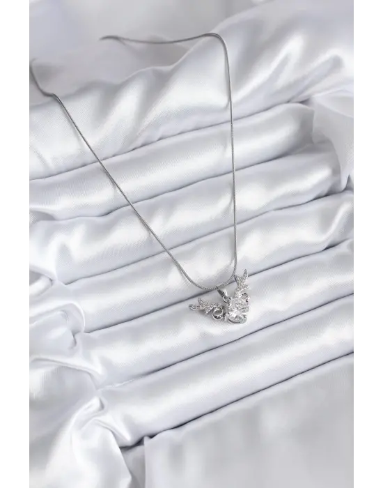  Gümüş  Zirkon Taşlı Boynuz Model  Çelik Kolye