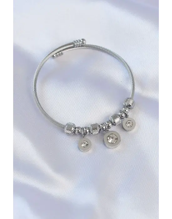 316L Çelik Gümüş Renk Zirkon Taşlı Model Charm Bileklik