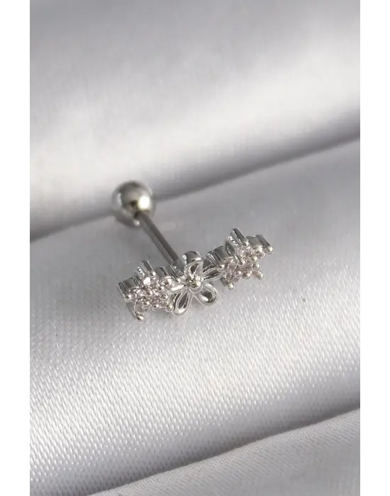 316L Çelik Gümüş Renk Zirkon Taşlı Çiçek Tragus Piercing