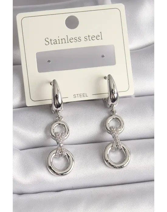   Gümüş Zirkon Taşlı Daire Model Çelik Küpe