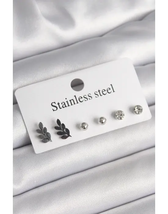   Gümüş Zirkon Taşlı Dal Model Topçuk Detay Çelik Küpe Seti