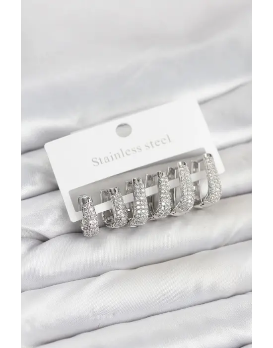 316L Çelik Gümüş Renk Zirkon Taşlı Damla Halka Küpe Seti